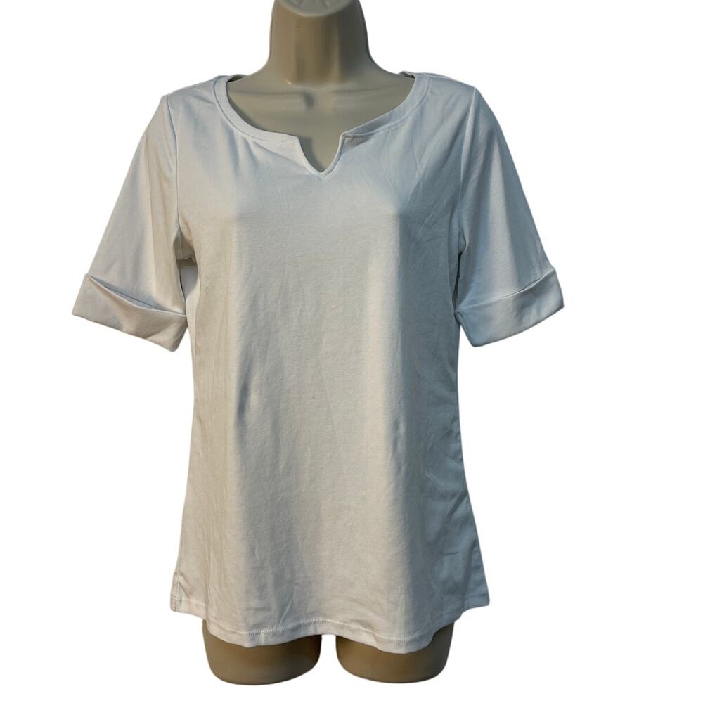 Ellen Tracy Women's Short Sleeve‎ Split Crewneck Shirt Color White Size S
